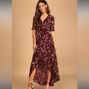 NWT Lulu’s Wild Winds Burgundy Floral Print High-Low Wrap Dress